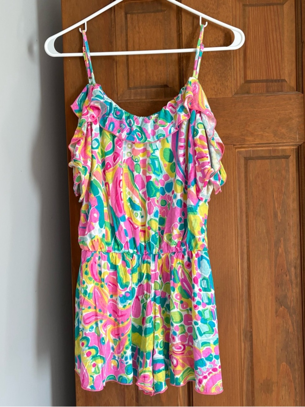 Lilly Pulitzer XS Extra Small Fenella Romper Pink Paisley Cold Shoulder Ruffle